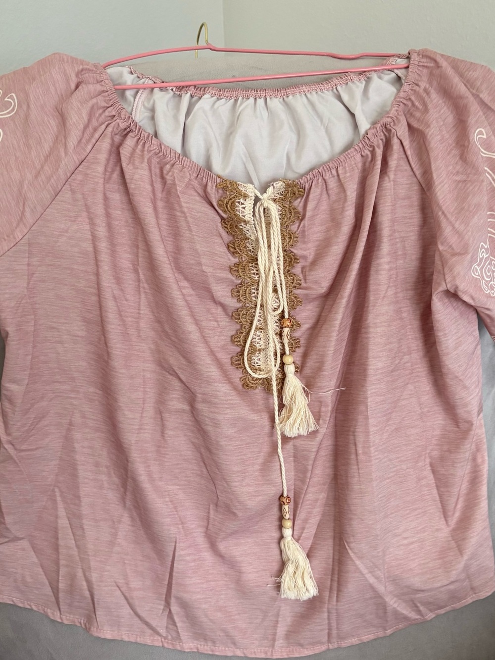 Women’s Pink Boho Tie-Front Peasant Top